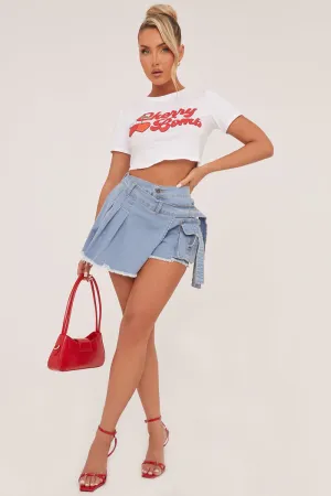 Light Blue Denim Warp Over Pleat Detail Mini Skort - Margot