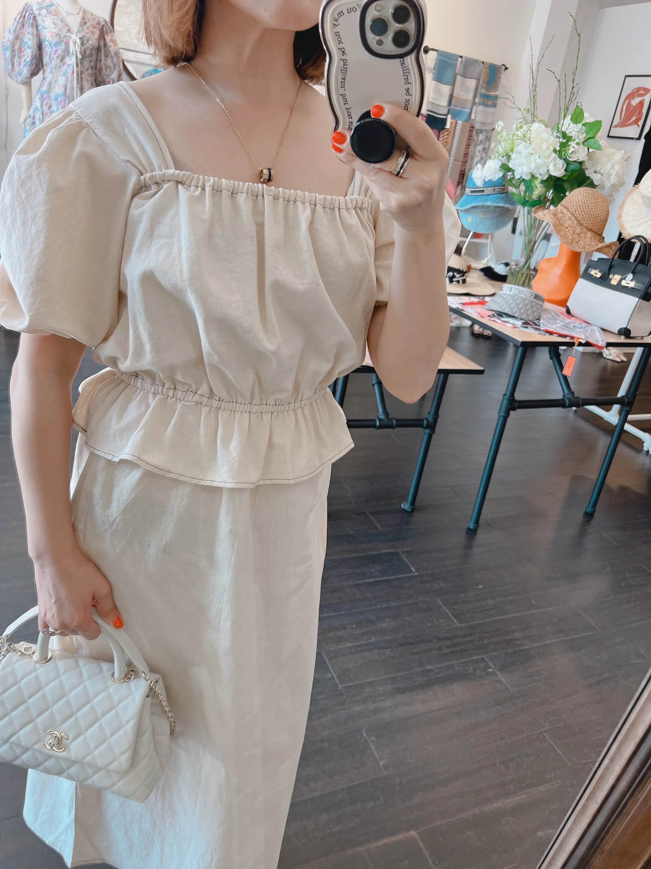 Linen Square neck Blouse   Skirt Set up