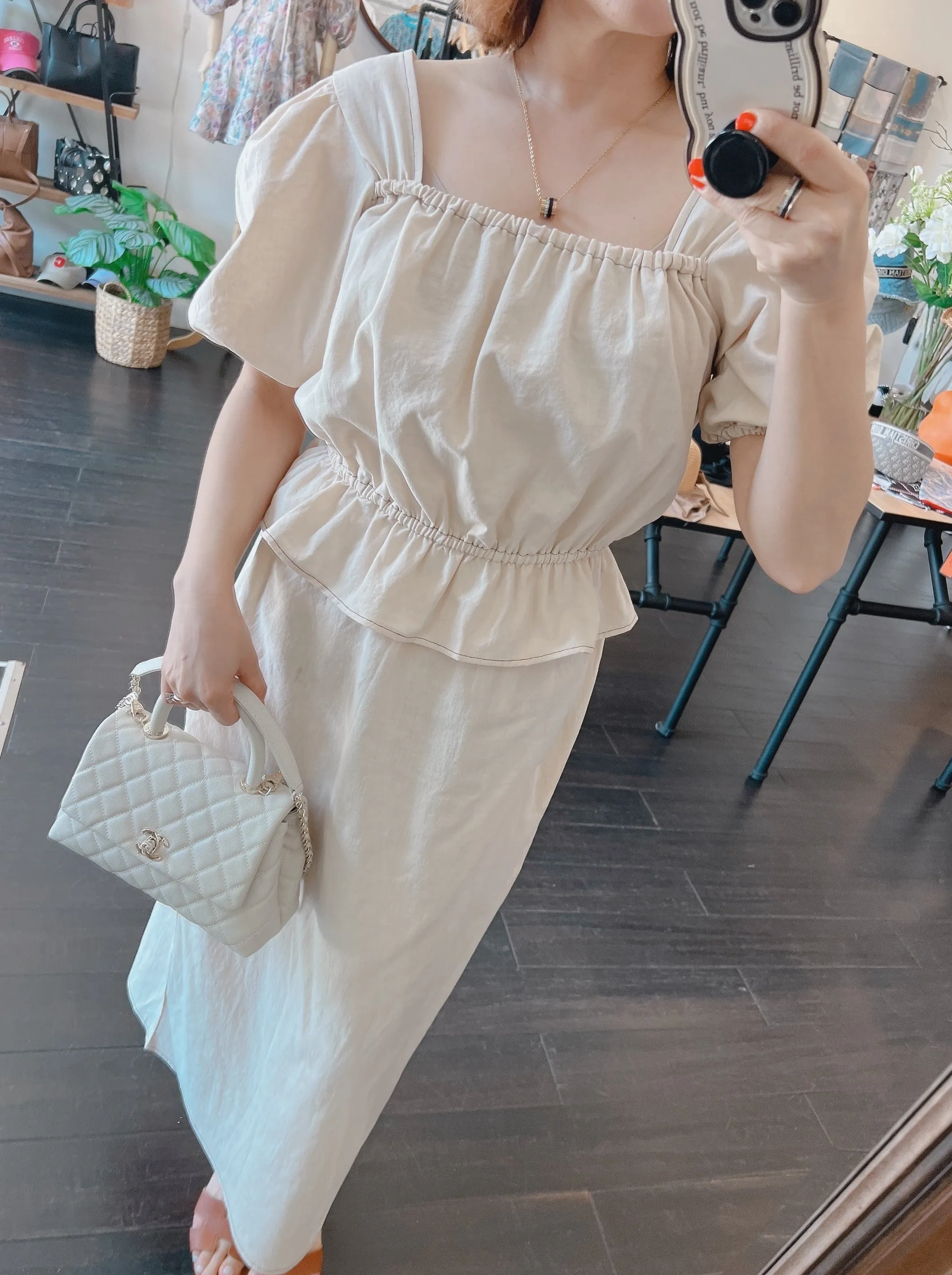 Linen Square neck Blouse   Skirt Set up