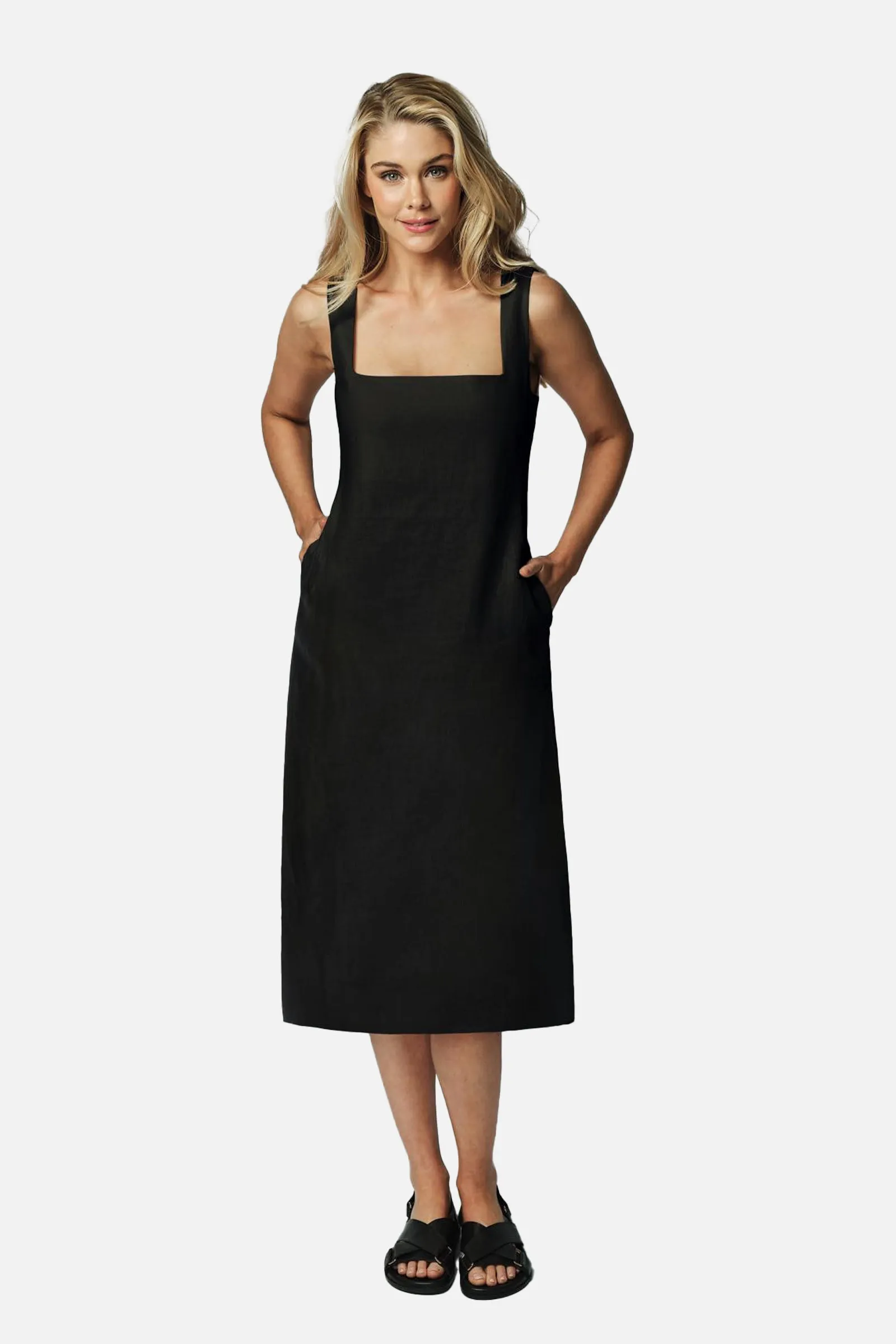Linen Square Neck Midi Dress BLACK