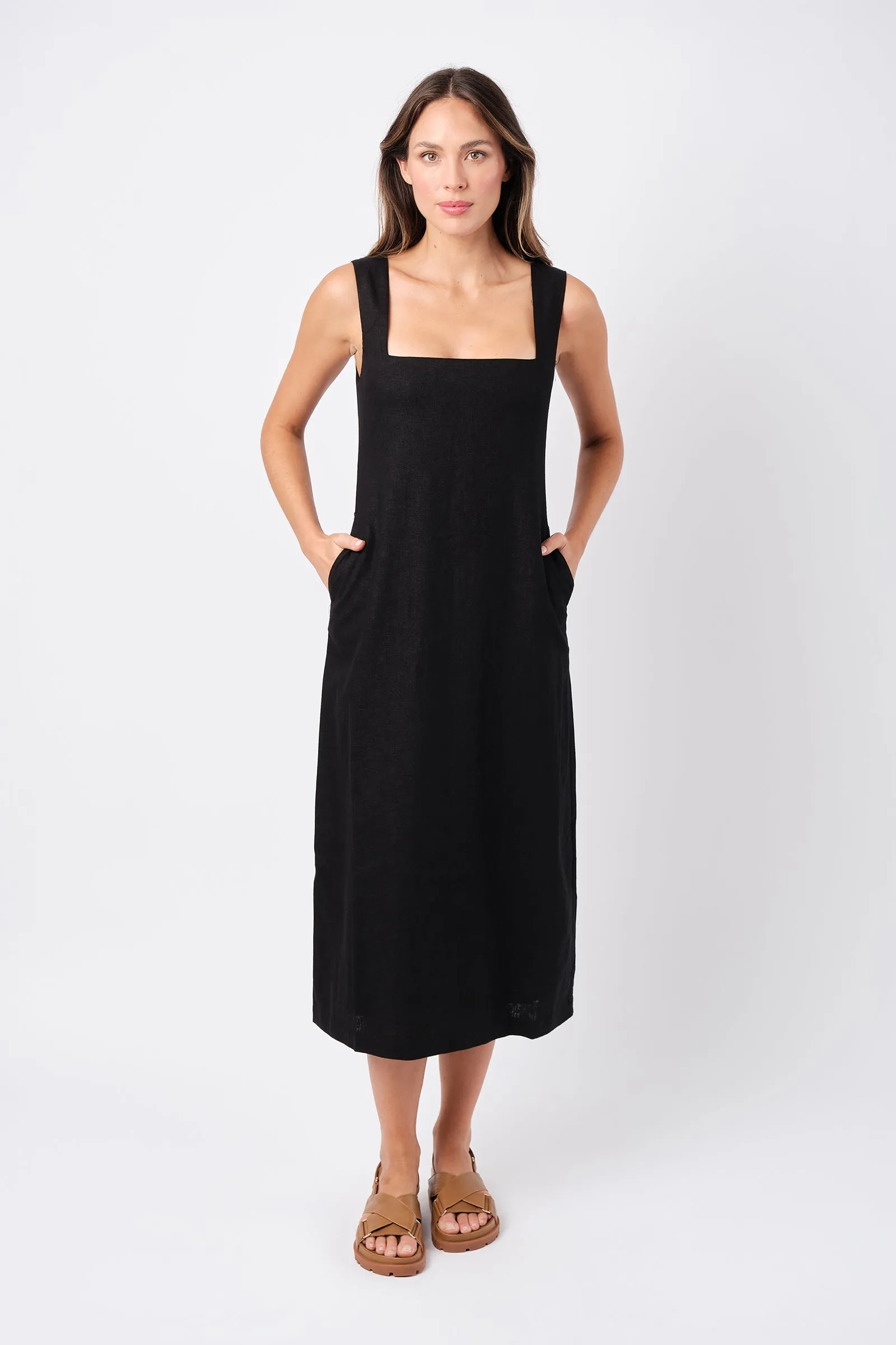 Linen Square Neck Midi Dress BLACK