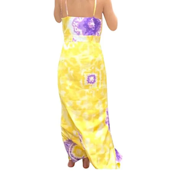 Lini Yellow &amp; Purple Tie Dye Maxi Dress Boho Silky- Size Medium