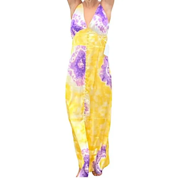 Lini Yellow &amp; Purple Tie Dye Maxi Dress Boho Silky- Size Medium