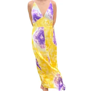 Lini Yellow &amp; Purple Tie Dye Maxi Dress Boho Silky- Size Medium