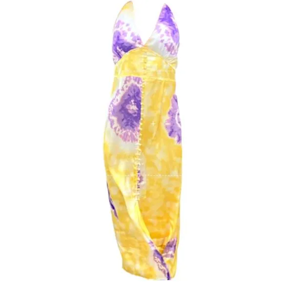 Lini Yellow &amp; Purple Tie Dye Maxi Dress Boho Silky- Size Medium