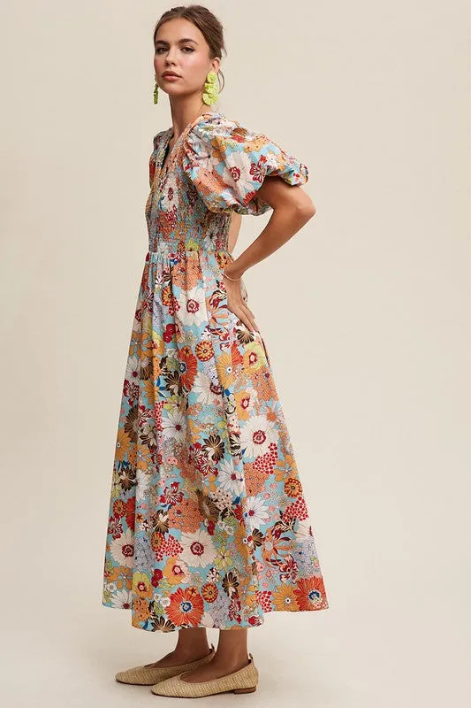 Listicle Flower Print Smocked V-neck Puff Sleeve Maxi Dress