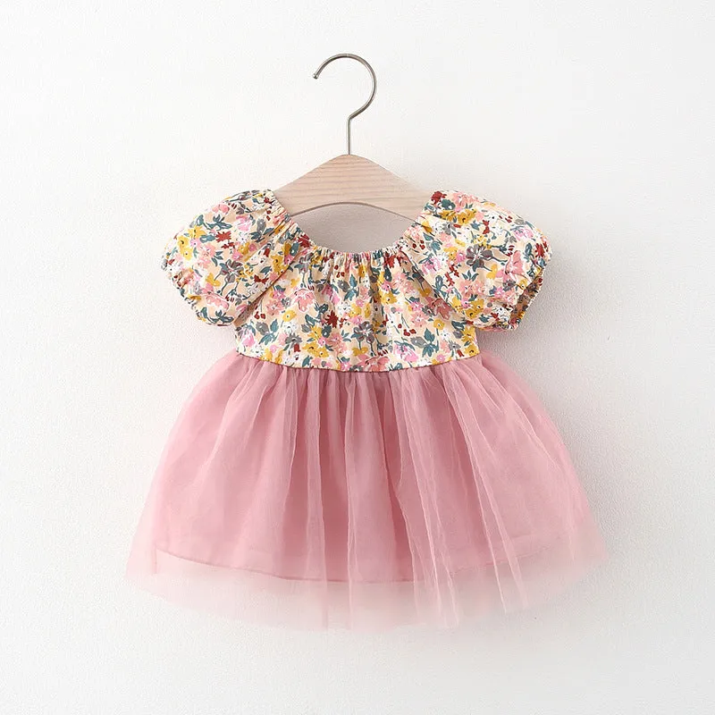 Little Girls cotton Floral puff sleeves back tie rose pink chiffon lined tutu dress - kids clothing