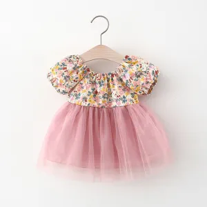 Little Girls cotton Floral puff sleeves back tie rose pink chiffon lined tutu dress - kids clothing