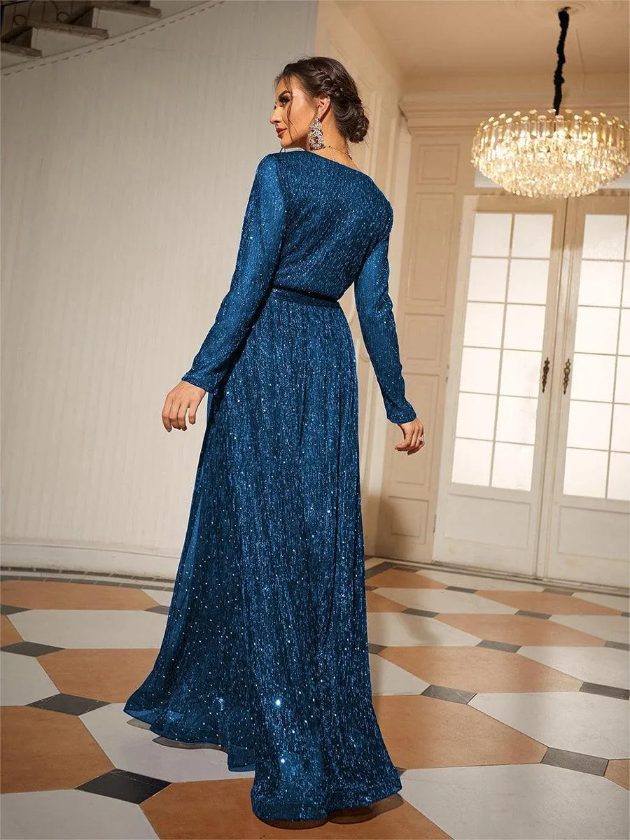 Long Sleeve Wrap A-line Prom Dress MCW1154