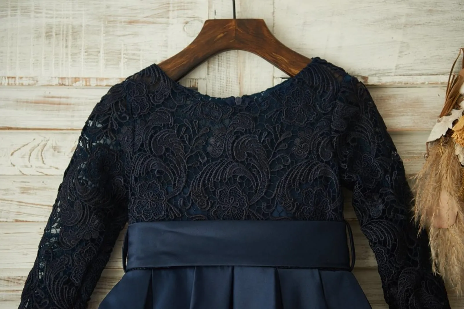 Long Sleeves Navy Blue Lace Satin Wedding Flower Girl Dress, Belt