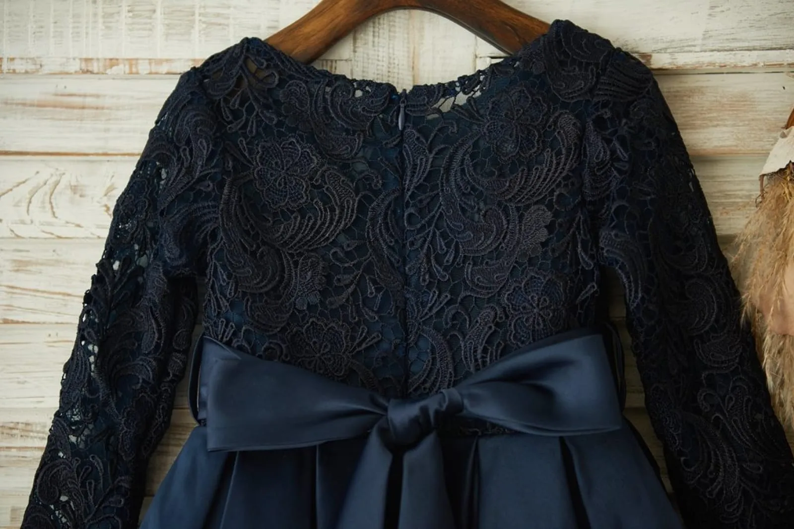 Long Sleeves Navy Blue Lace Satin Wedding Flower Girl Dress, Belt