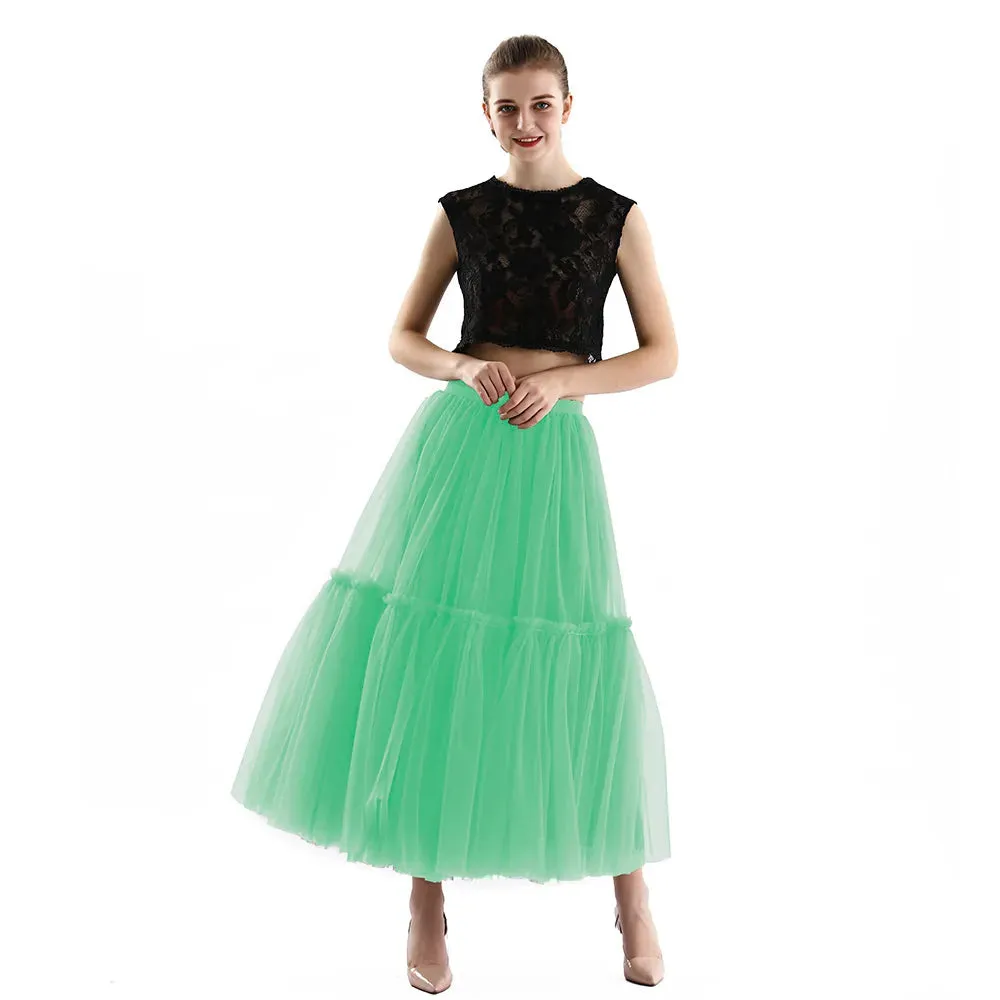 Long Tulle Skirts for Women Gothic Pleated Skirt Casual Party Fairy Core Ruffles Midi Skirt