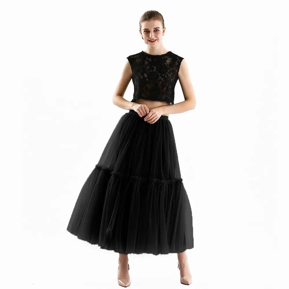 Long Tulle Skirts for Women Gothic Pleated Skirt Casual Party Fairy Core Ruffles Midi Skirt