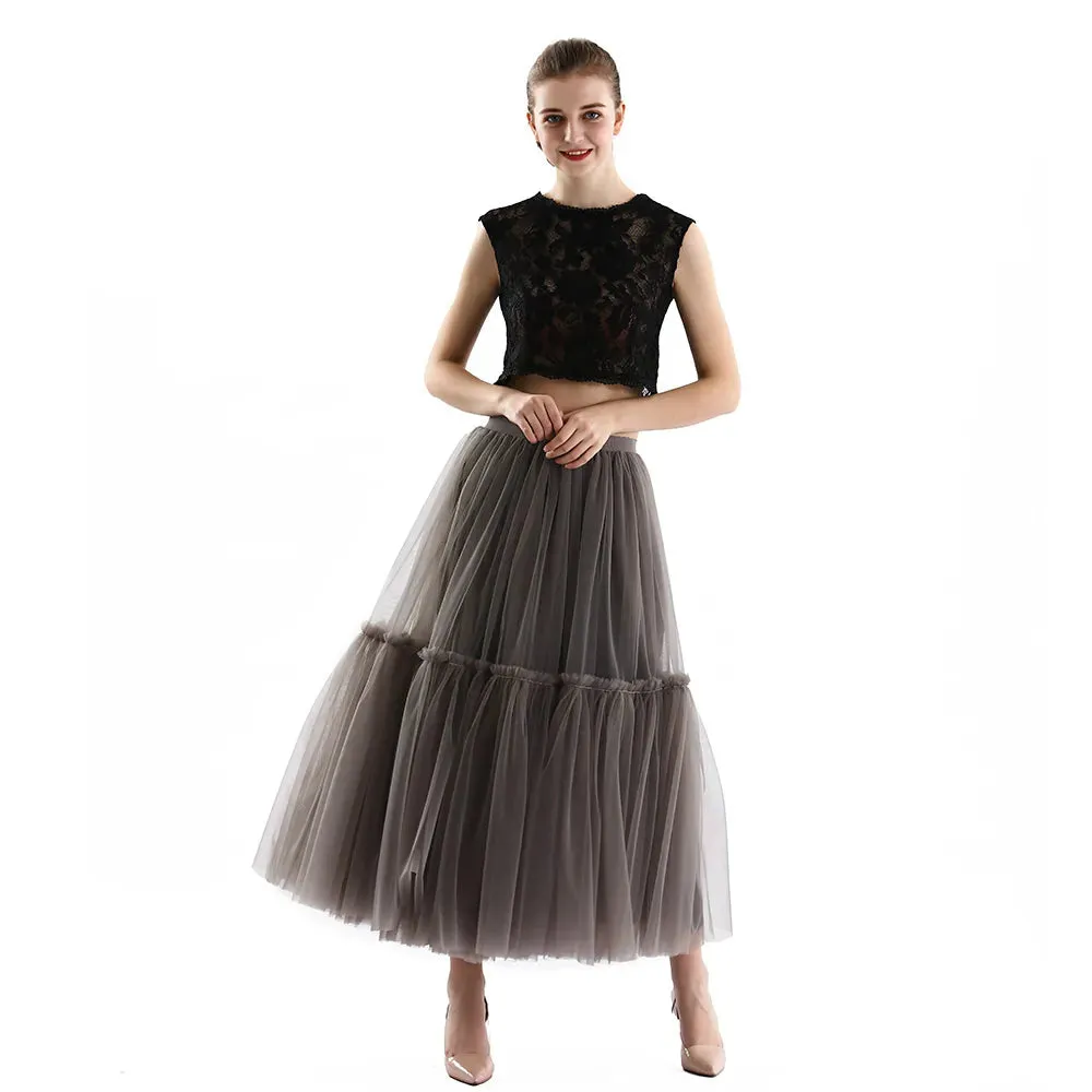 Long Tulle Skirts for Women Gothic Pleated Skirt Casual Party Fairy Core Ruffles Midi Skirt