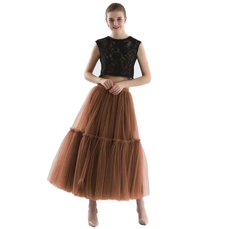 Long Tulle Skirts for Women Gothic Pleated Skirt Casual Party Fairy Core Ruffles Midi Skirt