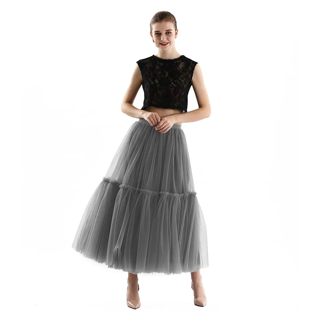 Long Tulle Skirts for Women Gothic Pleated Skirt Casual Party Fairy Core Ruffles Midi Skirt