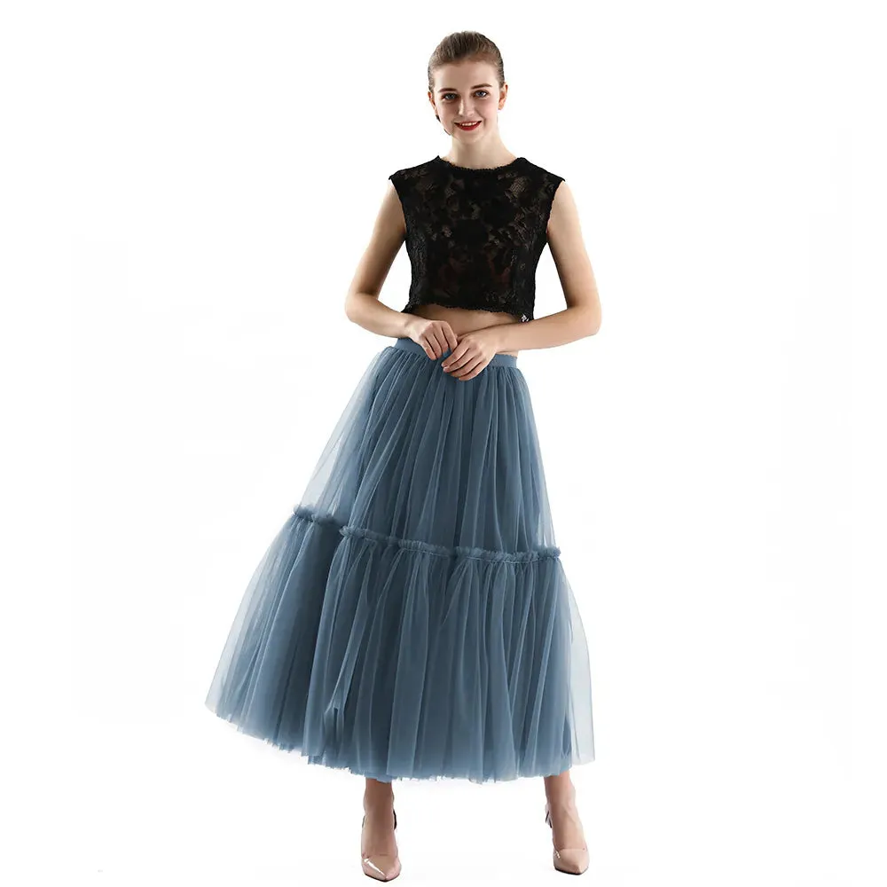 Long Tulle Skirts for Women Gothic Pleated Skirt Casual Party Fairy Core Ruffles Midi Skirt
