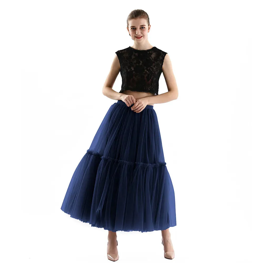 Long Tulle Skirts for Women Gothic Pleated Skirt Casual Party Fairy Core Ruffles Midi Skirt
