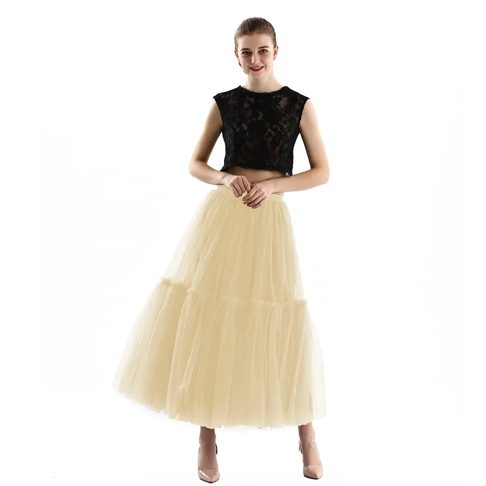 Long Tulle Skirts for Women Gothic Pleated Skirt Casual Party Fairy Core Ruffles Midi Skirt