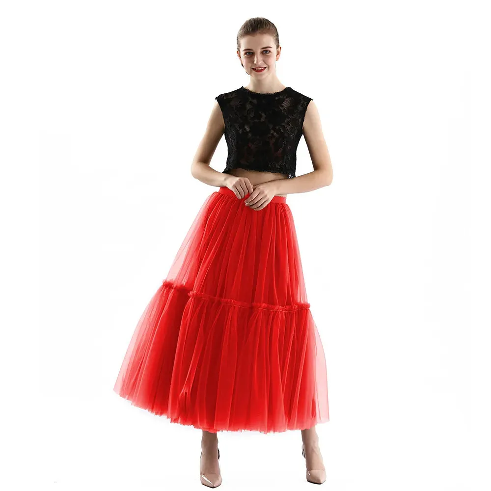 Long Tulle Skirts for Women Gothic Pleated Skirt Casual Party Fairy Core Ruffles Midi Skirt