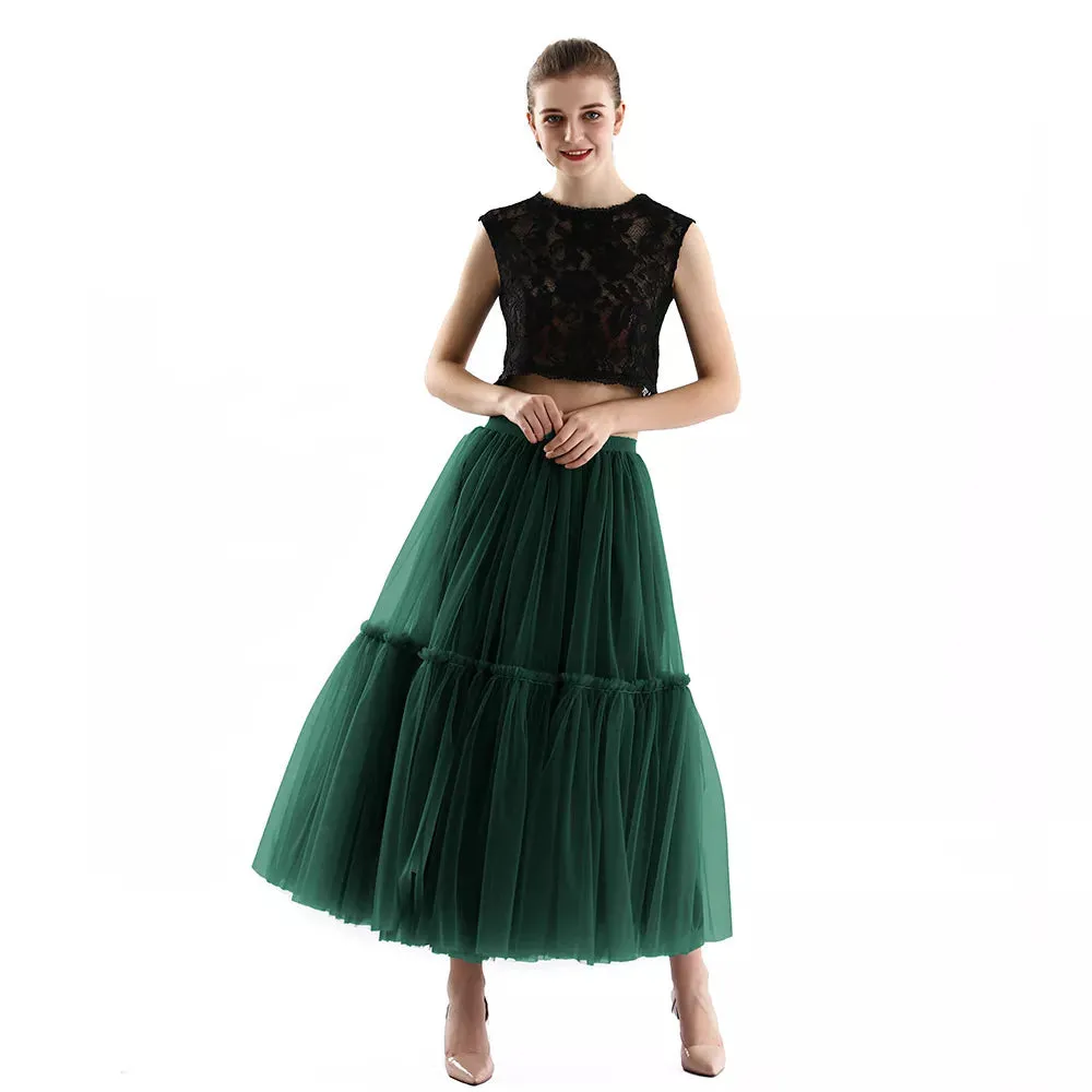 Long Tulle Skirts for Women Gothic Pleated Skirt Casual Party Fairy Core Ruffles Midi Skirt