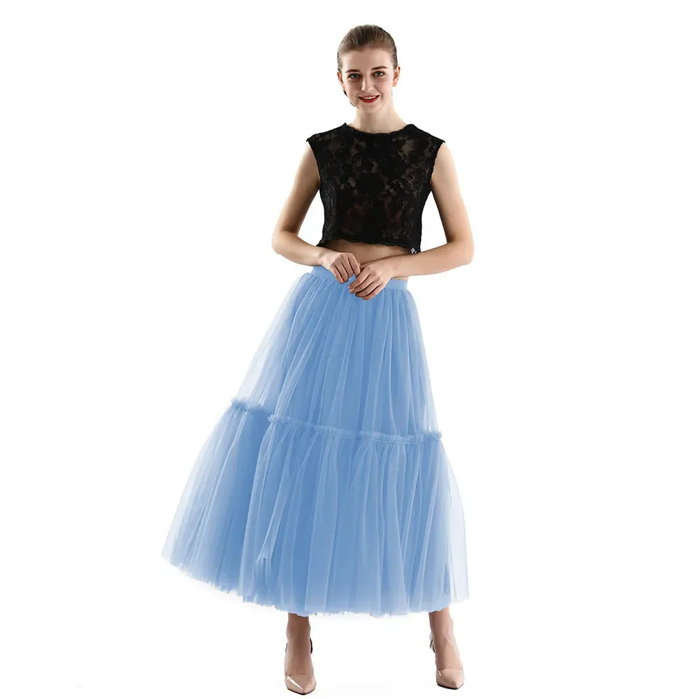 Long Tulle Skirts for Women Gothic Pleated Skirt Casual Party Fairy Core Ruffles Midi Skirt