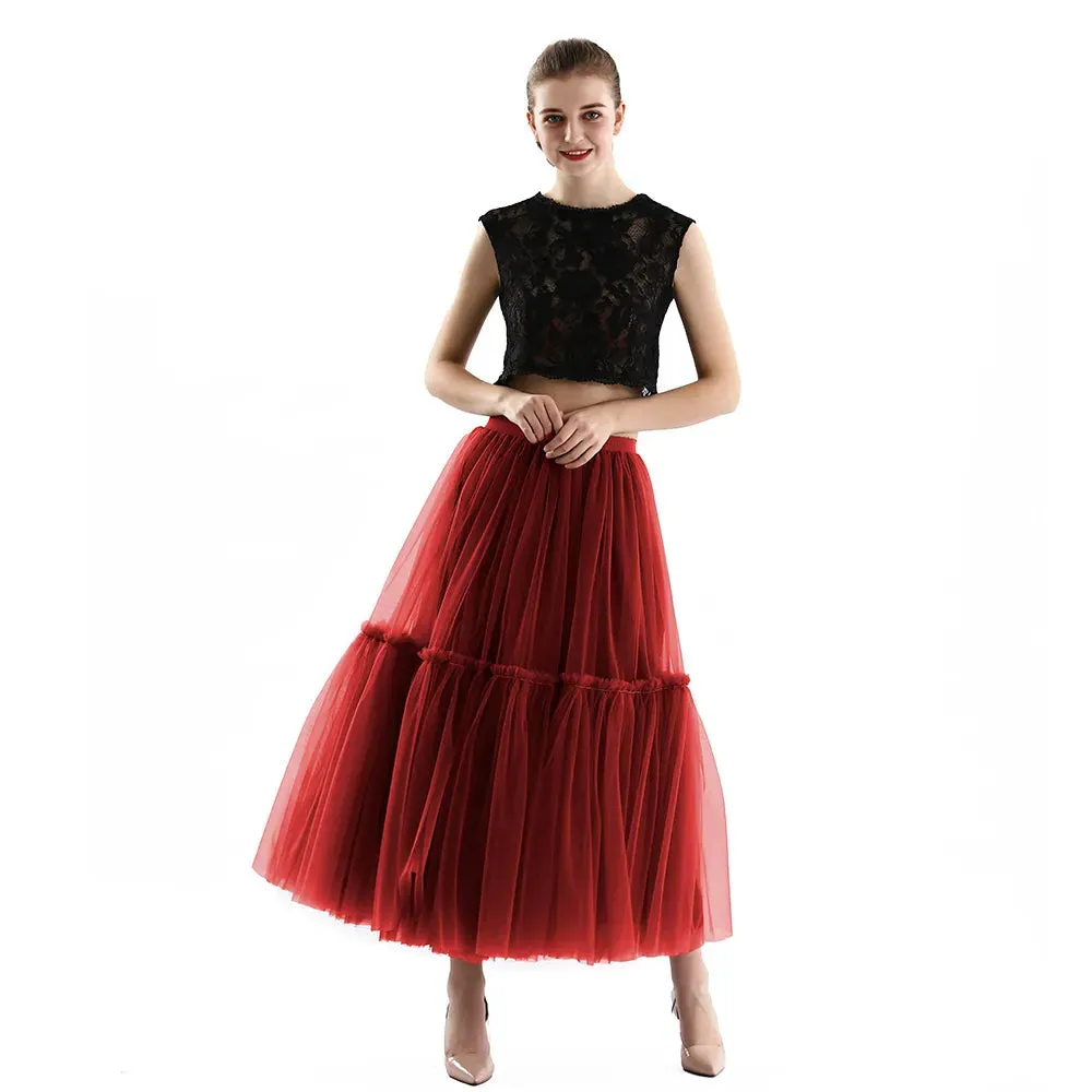 Long Tulle Skirts for Women Gothic Pleated Skirt Casual Party Fairy Core Ruffles Midi Skirt