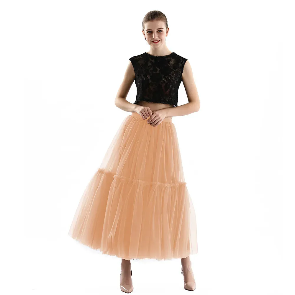 Long Tulle Skirts for Women Gothic Pleated Skirt Casual Party Fairy Core Ruffles Midi Skirt
