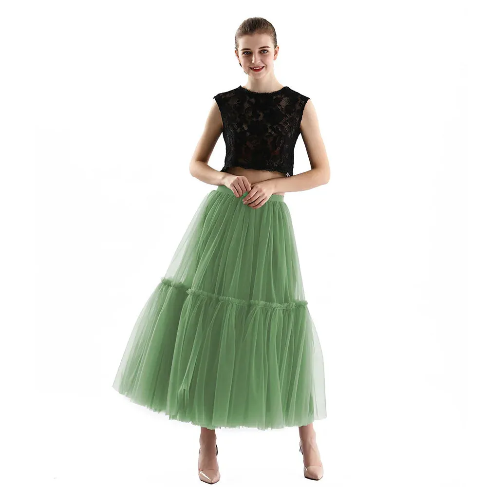 Long Tulle Skirts for Women Gothic Pleated Skirt Casual Party Fairy Core Ruffles Midi Skirt