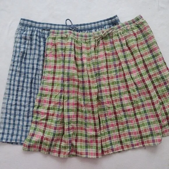 Lot of 2 Orvis Seersucker Check Skirts XL Cotton Lightweight Flared Skirts