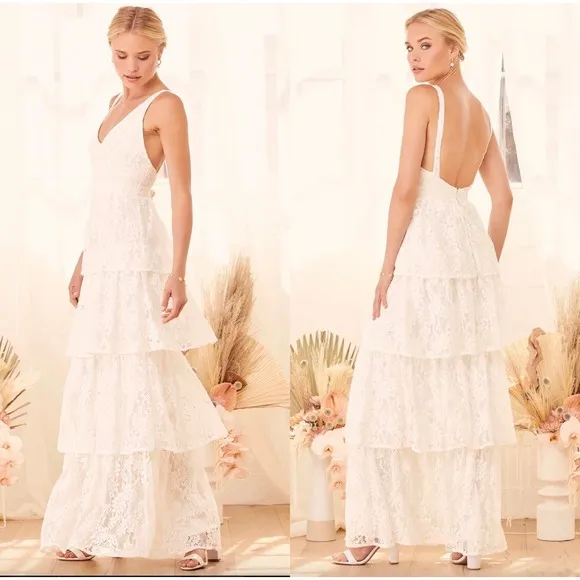 Lulus Now That I've Found You Lace Tiered Maxi Dress In White Size Small New