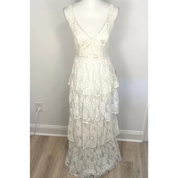 Lulus Now That I've Found You Lace Tiered Maxi Dress In White Size Small New