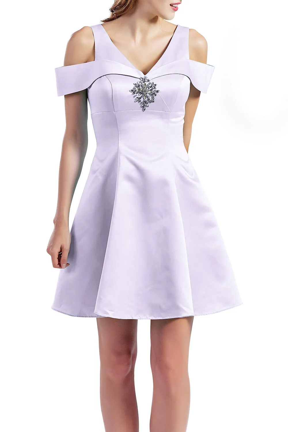 MACloth Women Short Cold Shoulder V Neck Satin Homecoming Dresses Wedding Guest