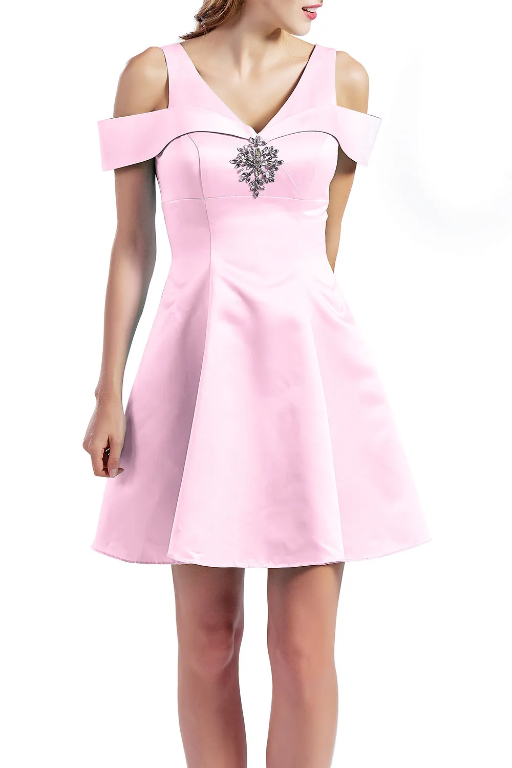 MACloth Women Short Cold Shoulder V Neck Satin Homecoming Dresses Wedding Guest