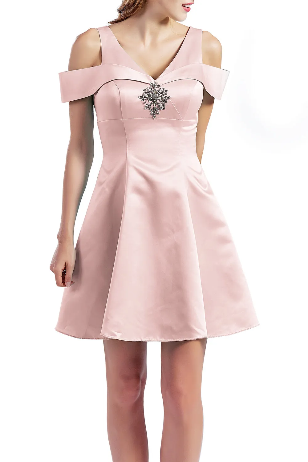MACloth Women Short Cold Shoulder V Neck Satin Homecoming Dresses Wedding Guest