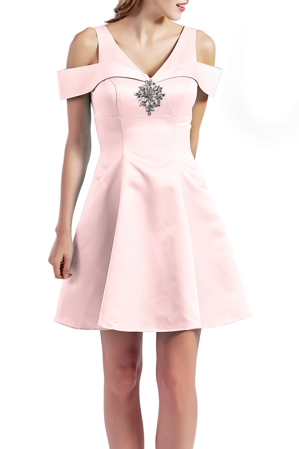 MACloth Women Short Cold Shoulder V Neck Satin Homecoming Dresses Wedding Guest