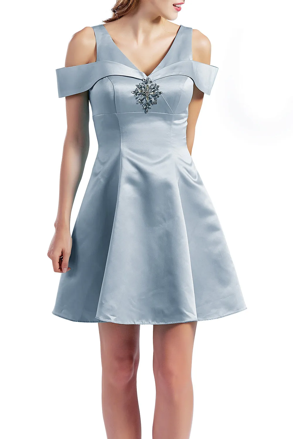 MACloth Women Short Cold Shoulder V Neck Satin Homecoming Dresses Wedding Guest