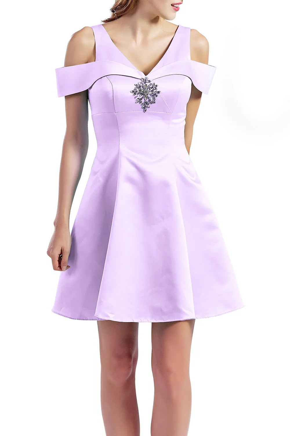 MACloth Women Short Cold Shoulder V Neck Satin Homecoming Dresses Wedding Guest