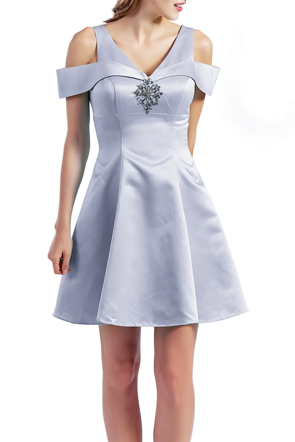 MACloth Women Short Cold Shoulder V Neck Satin Homecoming Dresses Wedding Guest