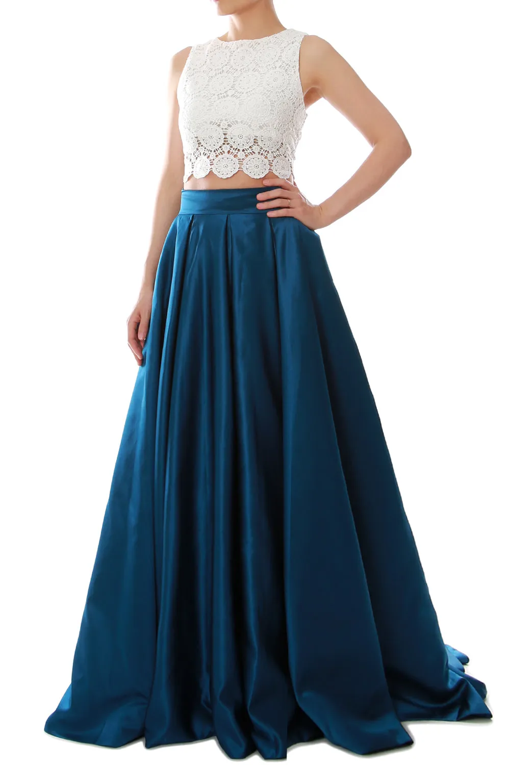 MACloth Women Two Piece O Neck Lace Long Prom Homecoming Dress Evening Ball Gown
