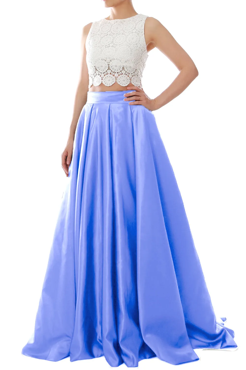 MACloth Women Two Piece O Neck Lace Long Prom Homecoming Dress Evening Ball Gown