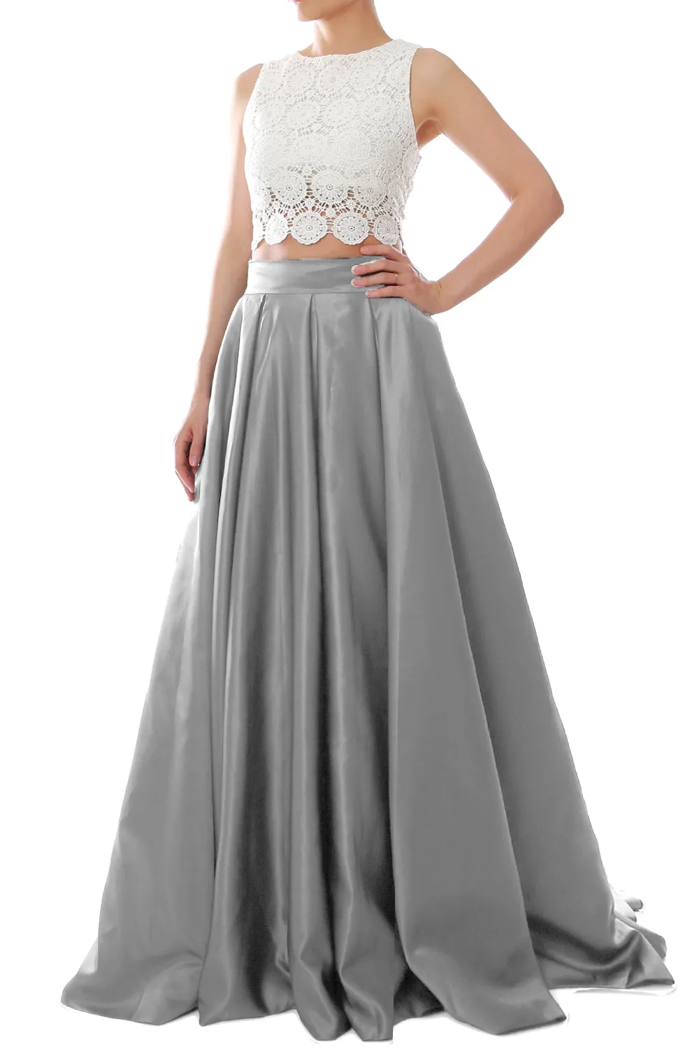 MACloth Women Two Piece O Neck Lace Long Prom Homecoming Dress Evening Ball Gown