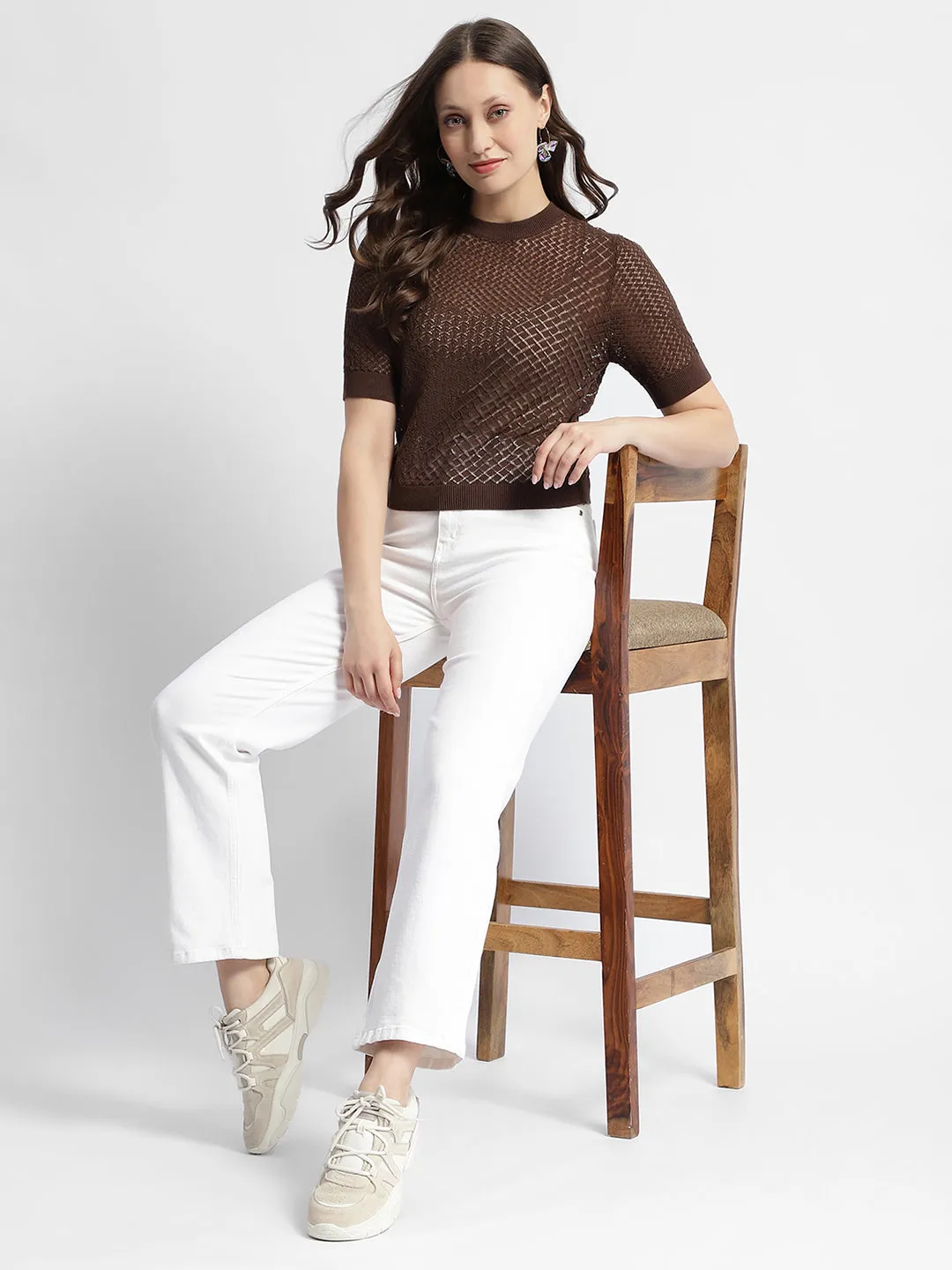 Madame Crew Neck Brown Knit Top