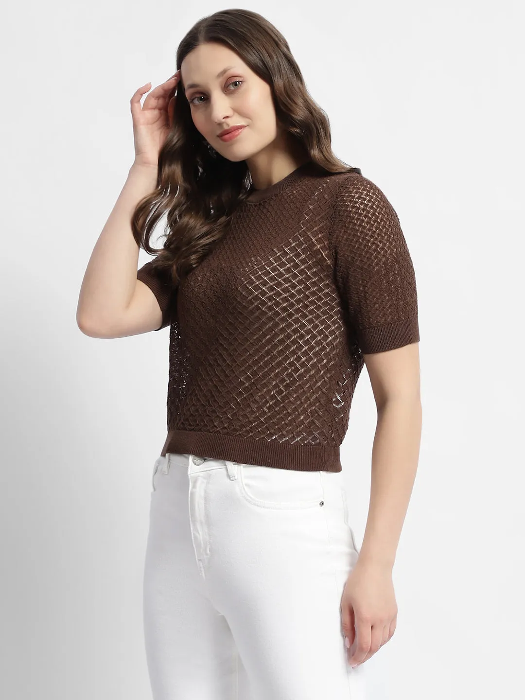 Madame Crew Neck Brown Knit Top