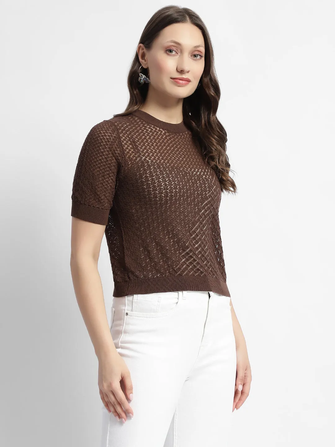 Madame Crew Neck Brown Knit Top