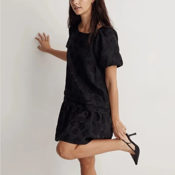 Madewell Puff-Sleeve Pleated Mini Dress in Floral Jacquard