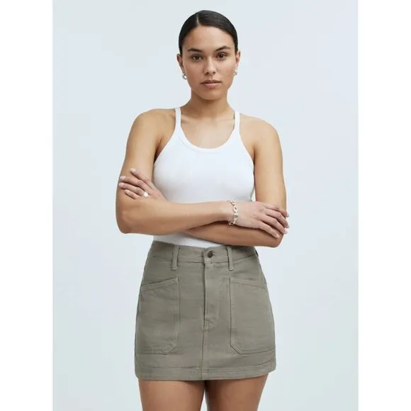 Madewell x MN Dye Studio Denim Patch-Pocket Micro Mini Skirt Taupe color 30 NWT