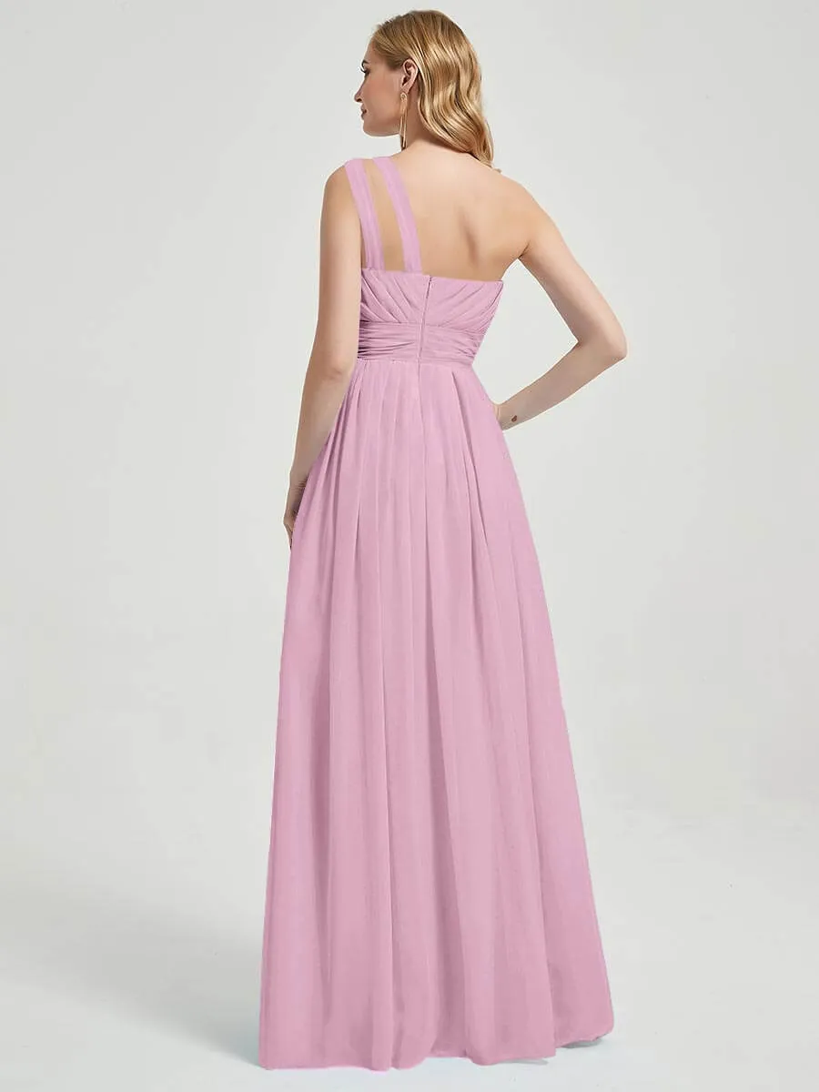 Mauve Pleated One Shoulder A-Line Floor Length Chiffon Bridesmaid Dress