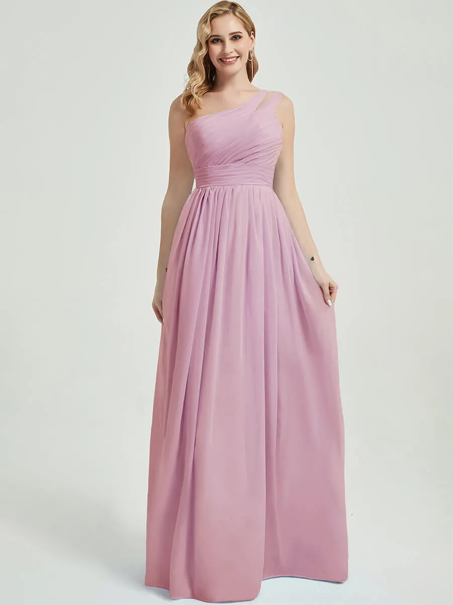 Mauve Pleated One Shoulder A-Line Floor Length Chiffon Bridesmaid Dress