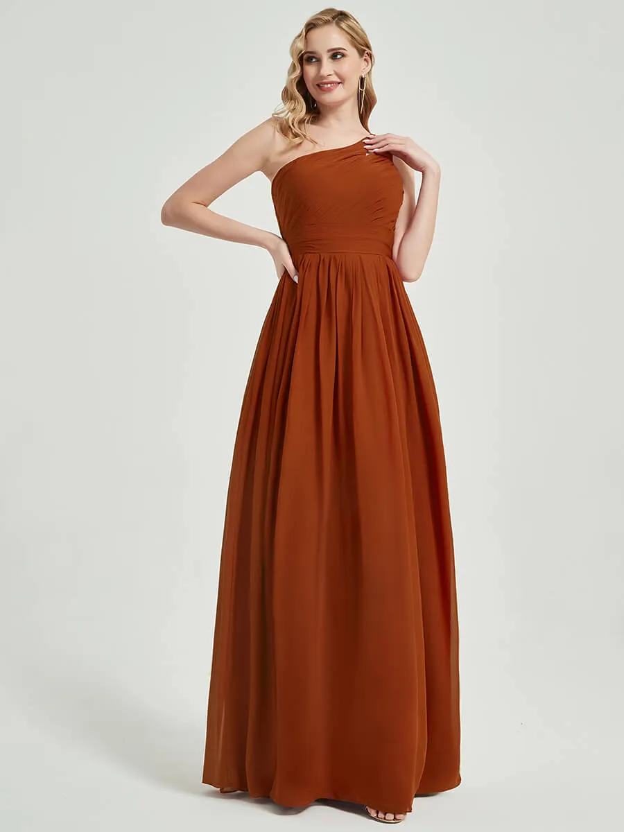 Mauve Pleated One Shoulder A-Line Floor Length Chiffon Bridesmaid Dress